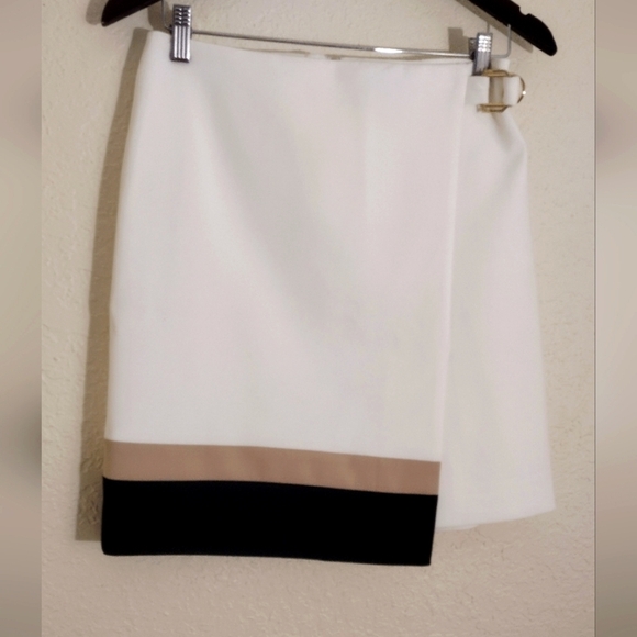 White House Black Market Ivory Tan Black Color Block Wrap Pencil Skirt - Picture 5 of 10